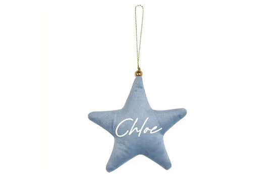 LIGHT BLUE VELVET STAR CHRISTMAS DECORATION - NAME