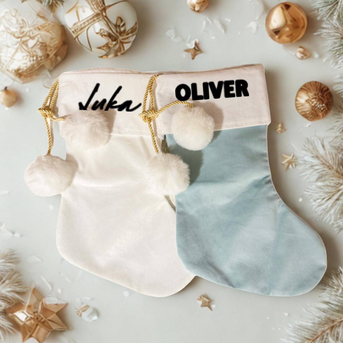 WHITE POM POM STOCKING  - TOP NAME