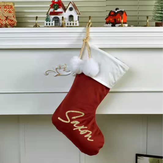 RED POM POM STOCKING  - LARGE NAME