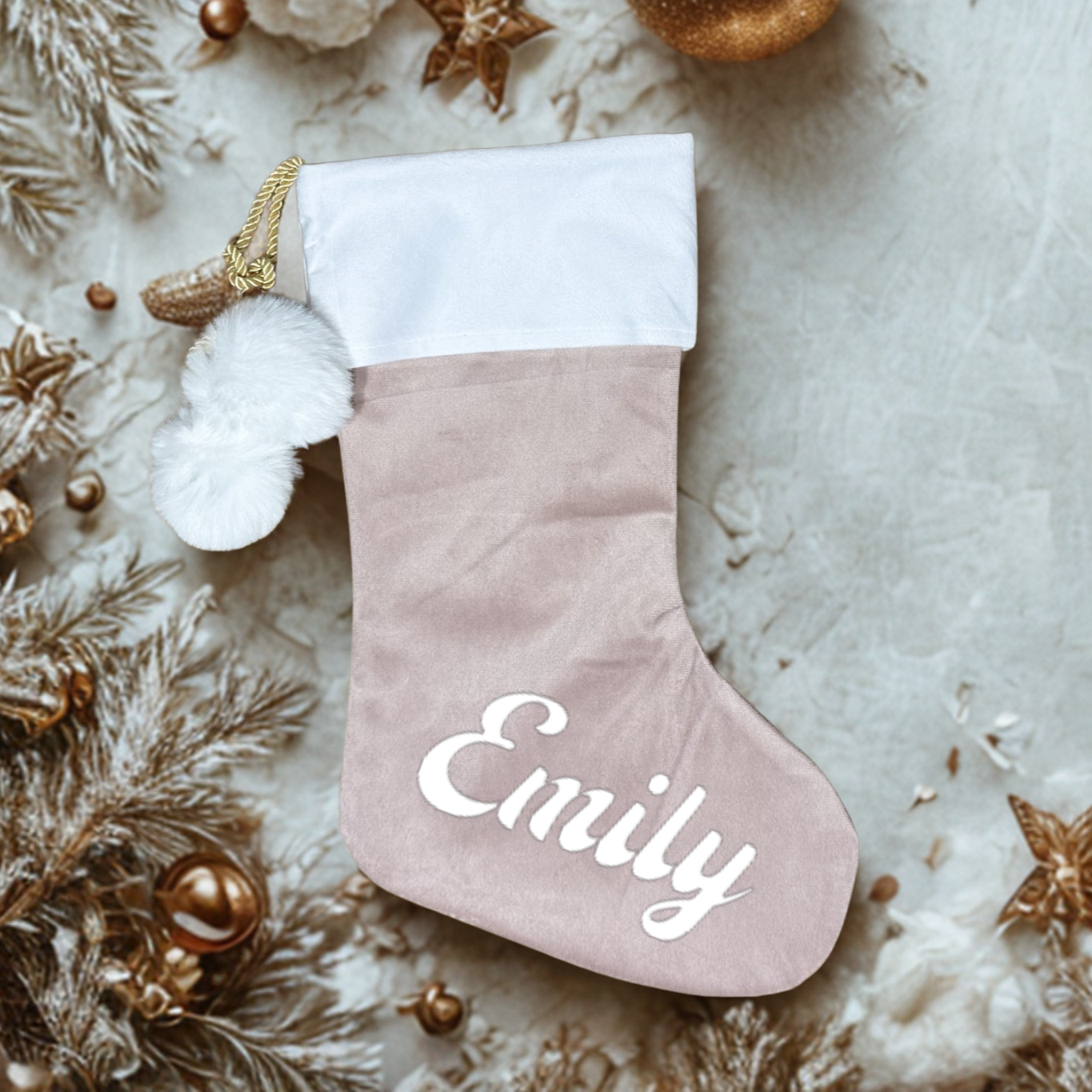 PINK POM POM STOCKING - LARGE NAME
