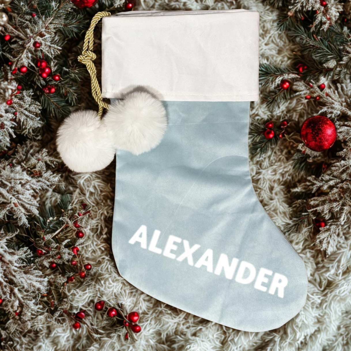 BLUE POM POM STOCKING - LARGE NAME