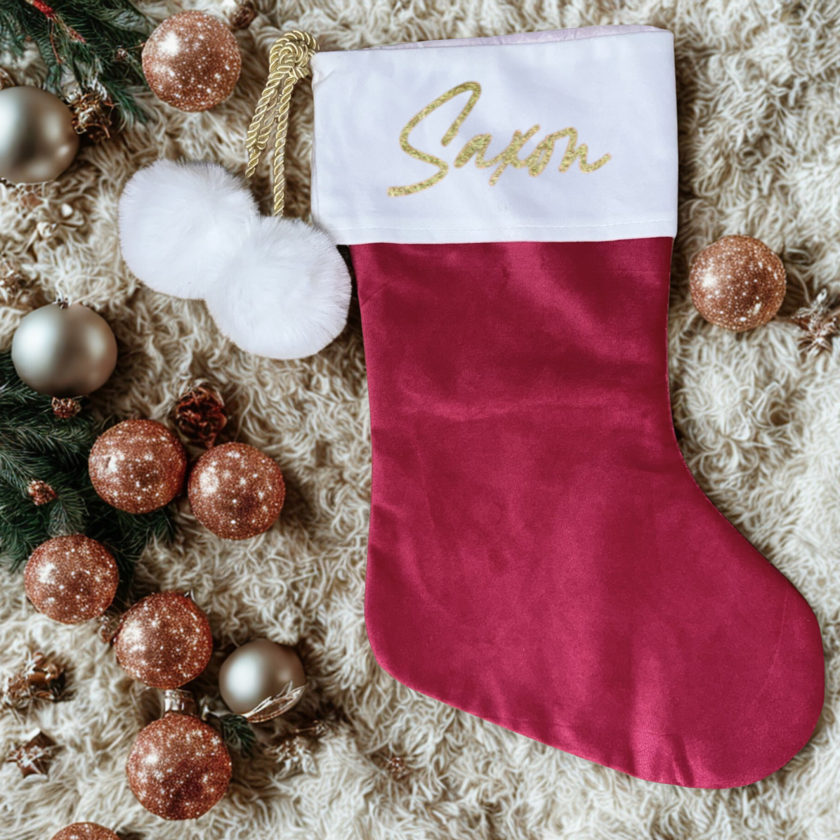 RED POM POM STOCKING - TOP NAME