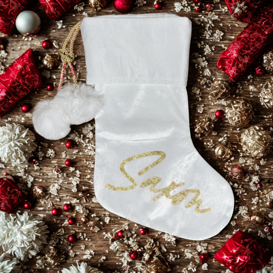 WHITE POM POM STOCKING  - LARGE NAME