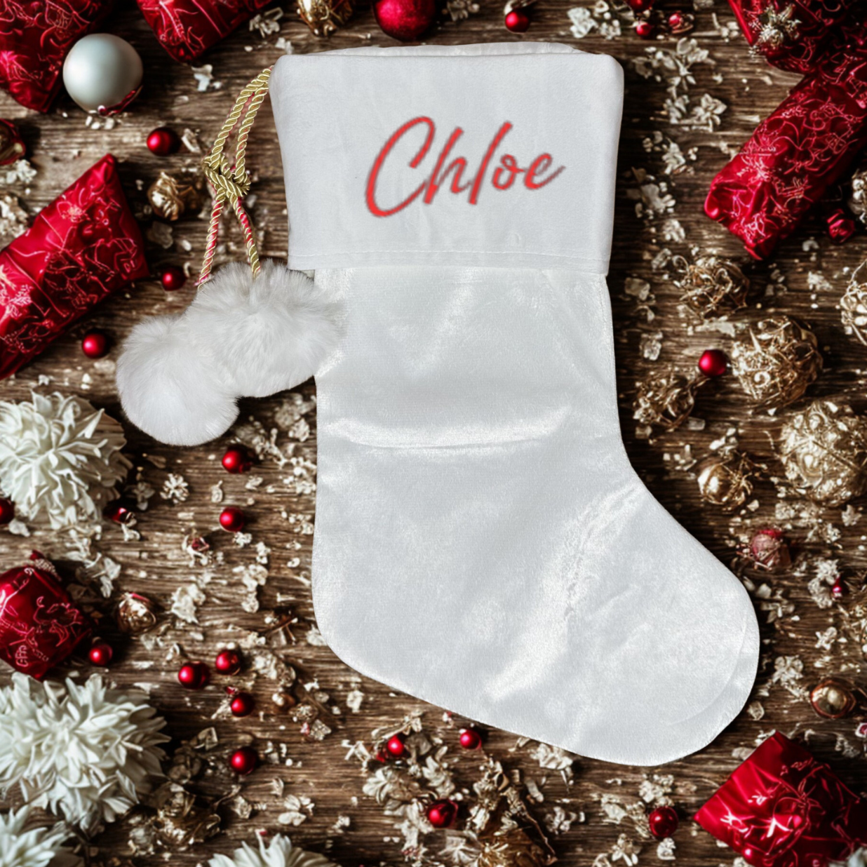 WHITE POM POM STOCKING - TOP NAME