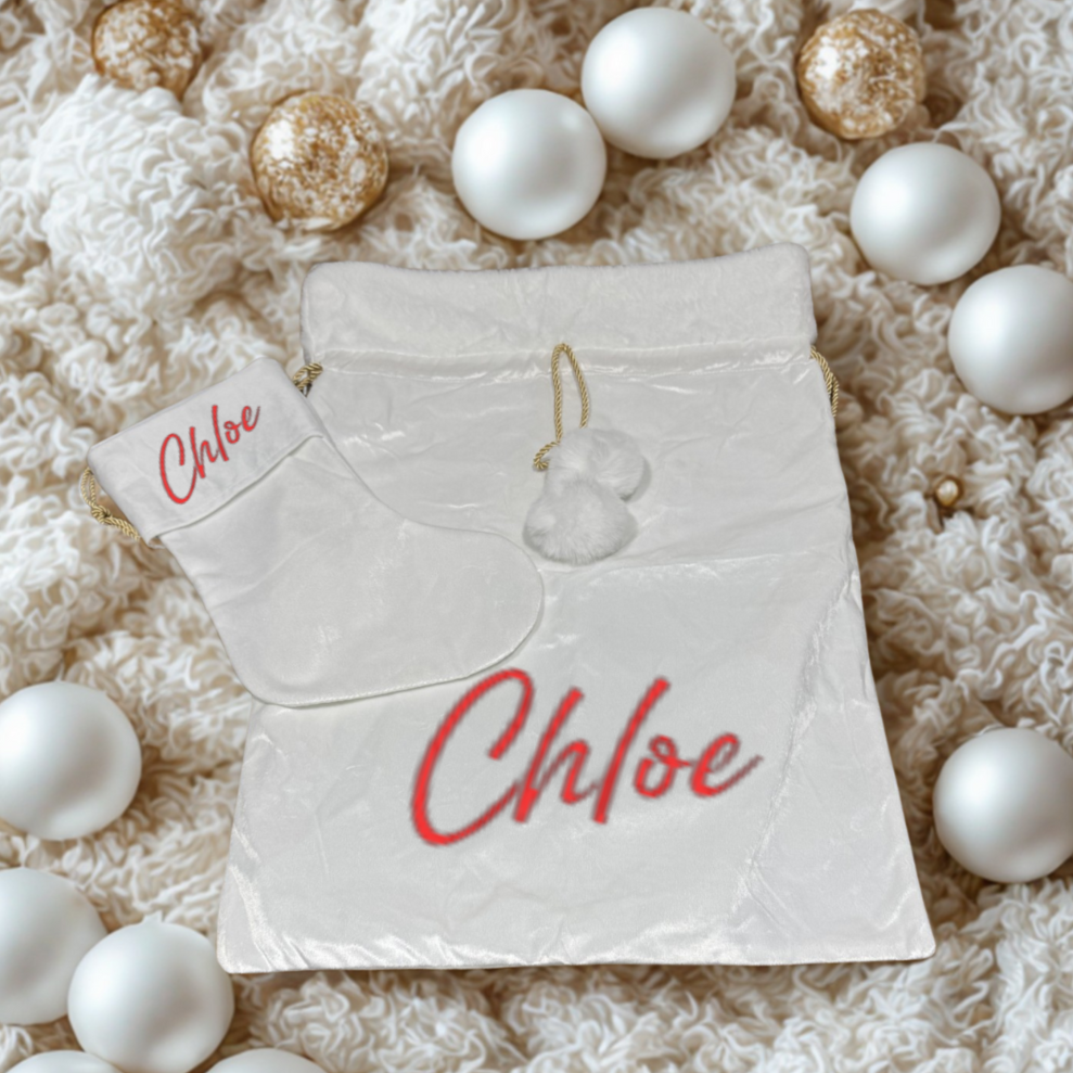WHITE POM POM STOCKING - TOP NAME