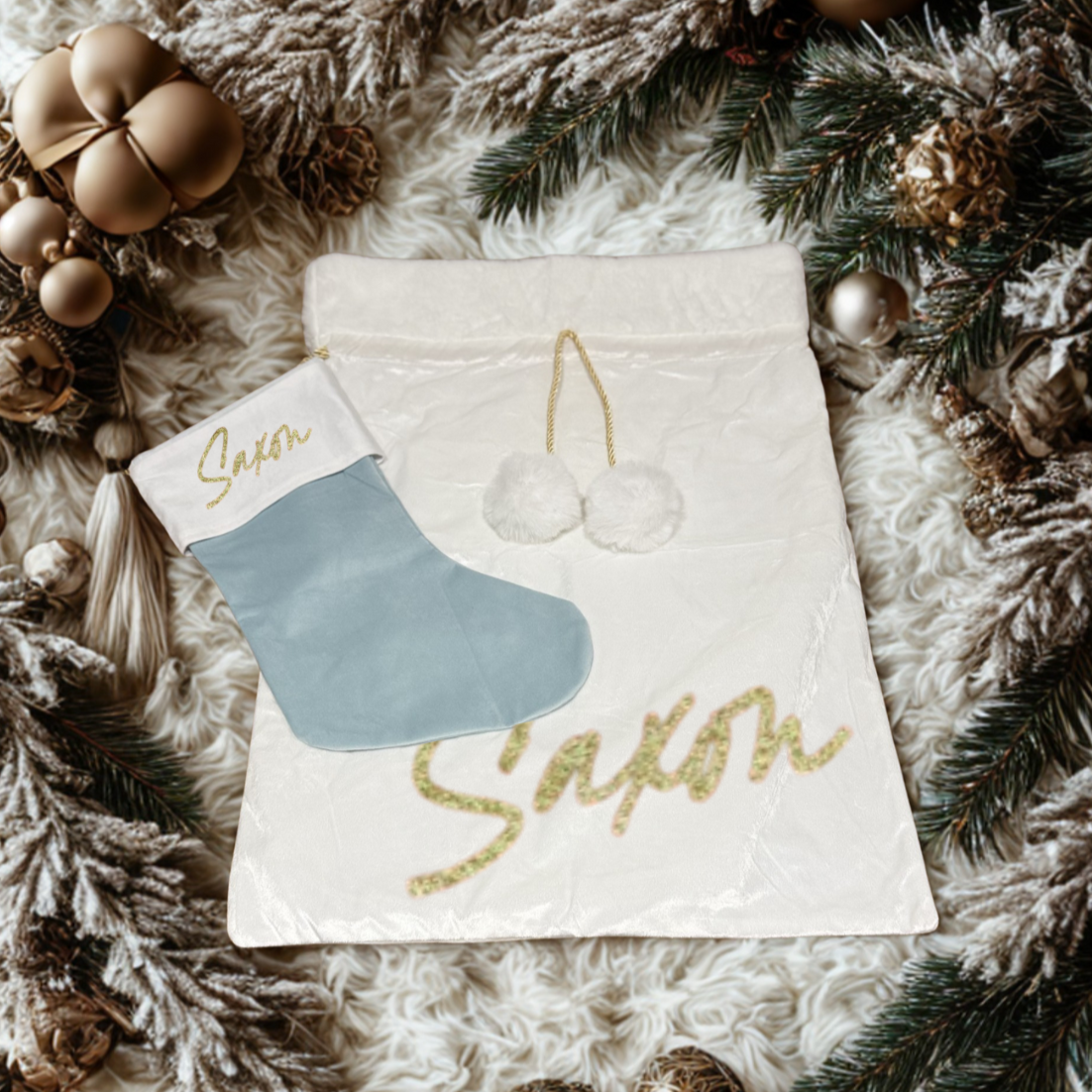 BLUE POM POM STOCKING - TOP NAME