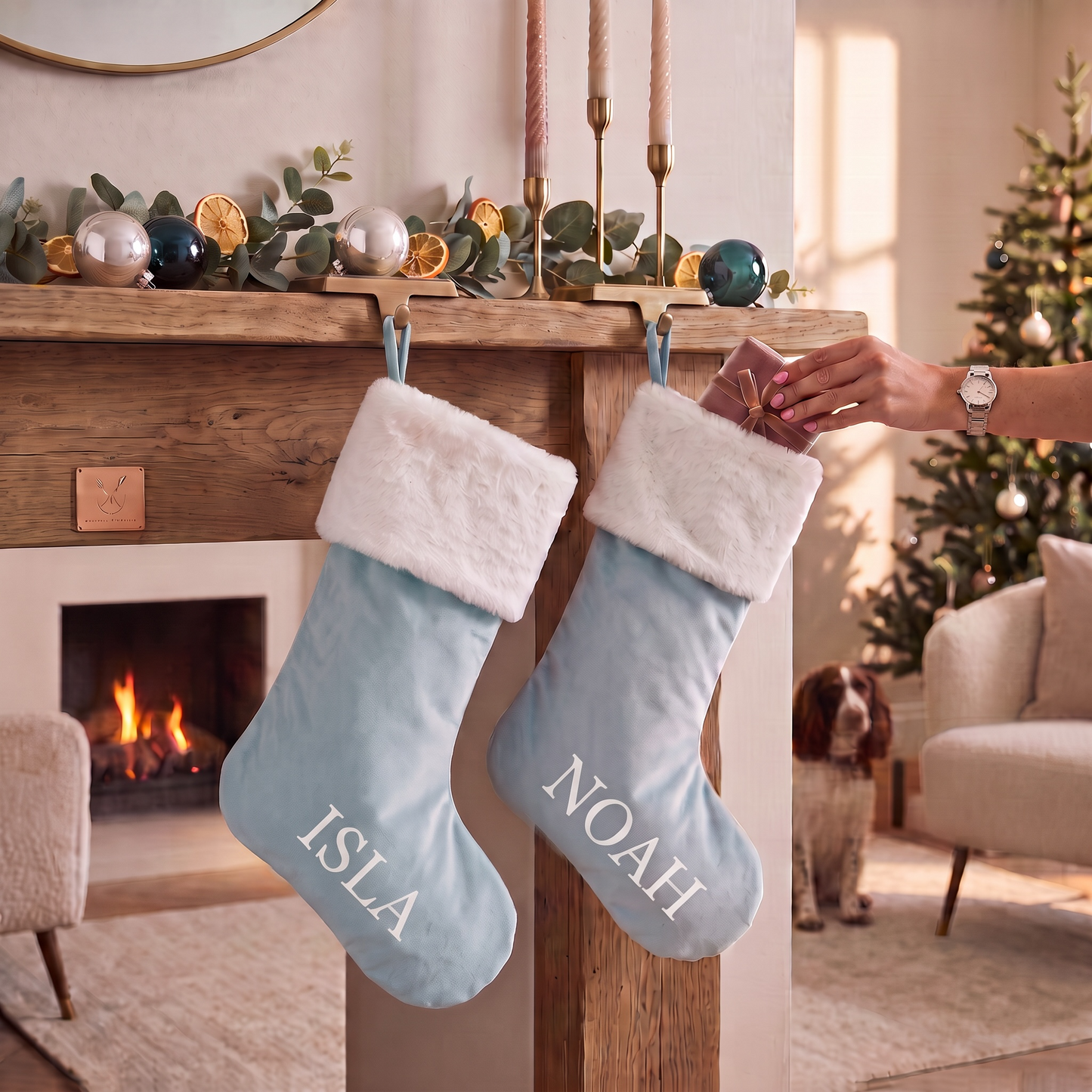 BLUE LUXE SANTA STOCKING - LARGE NAME