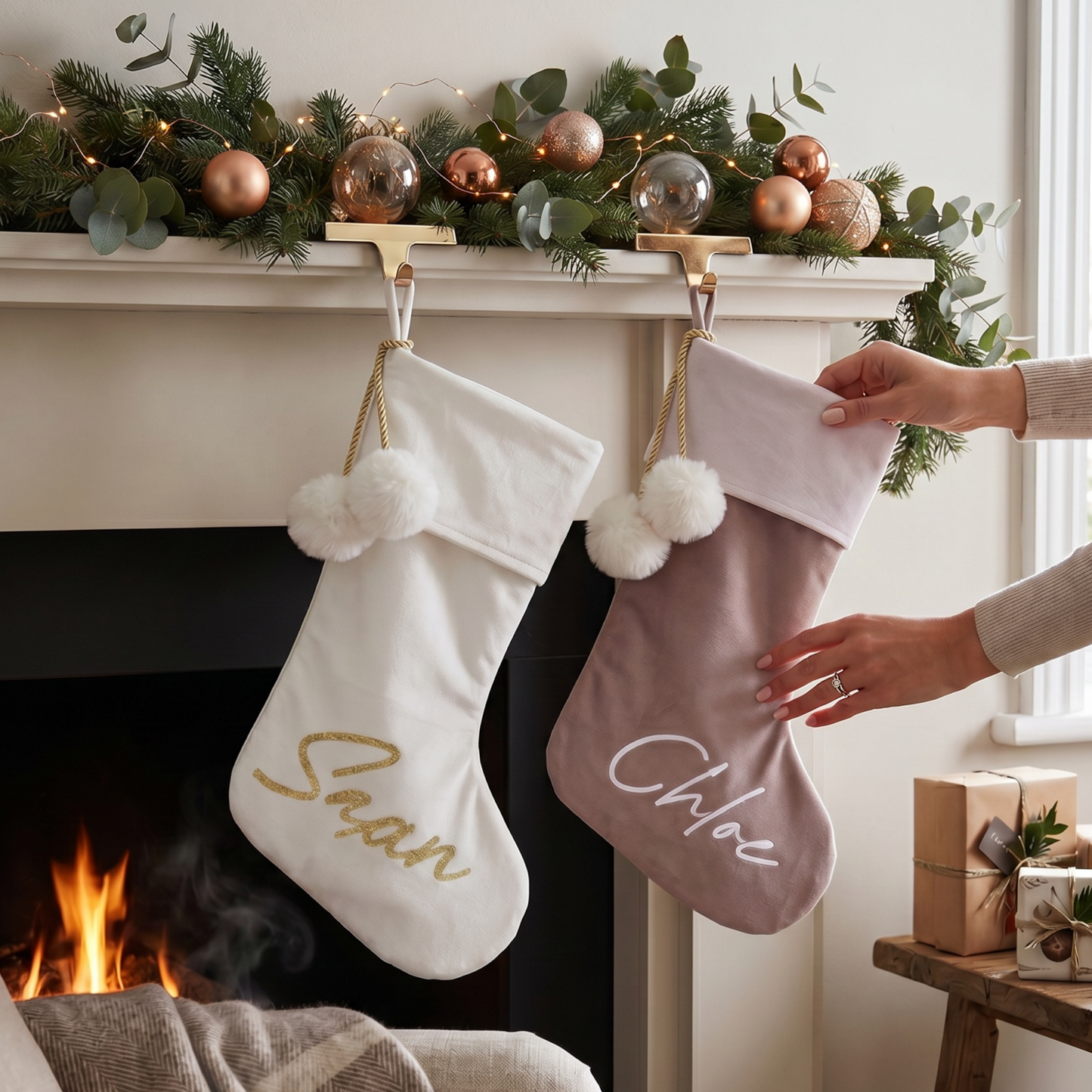 WHITE POM POM STOCKING  - LARGE NAME