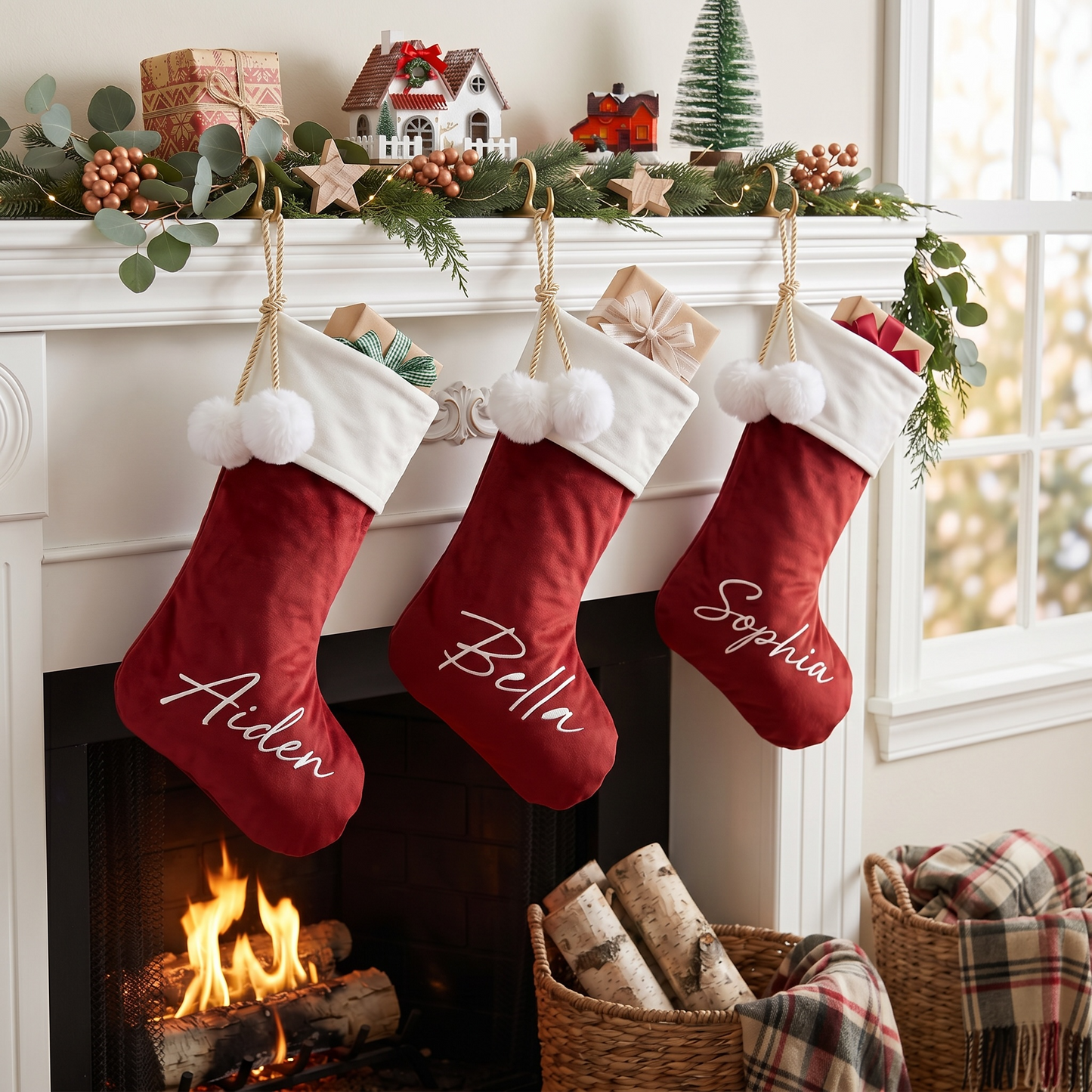 RED POM POM STOCKING  - LARGE NAME