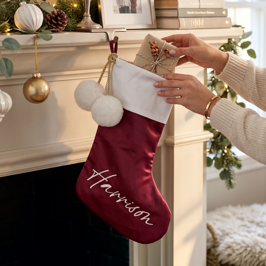RED POM POM STOCKING  - LARGE NAME