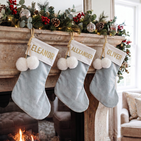 BLUE POM POM STOCKING  - TOP NAME