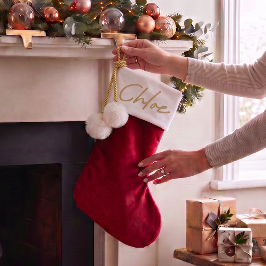 RED POM POM STOCKING  - TOP NAME