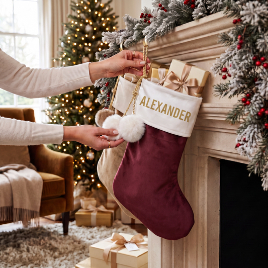 DEEP WINE POM POM STOCKING  - TOP NAME