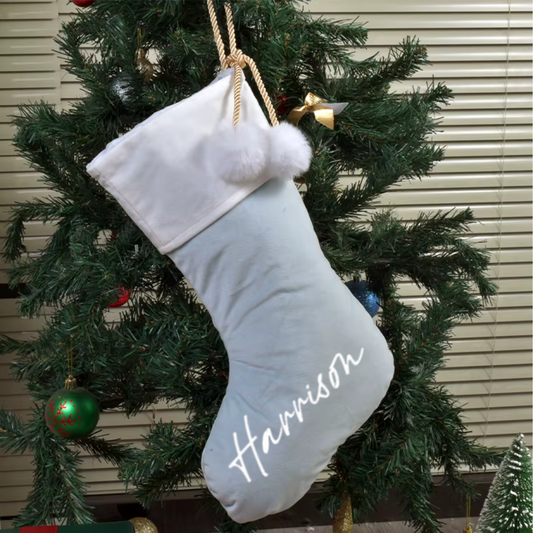 BLUE POM POM STOCKING  - LARGE NAME