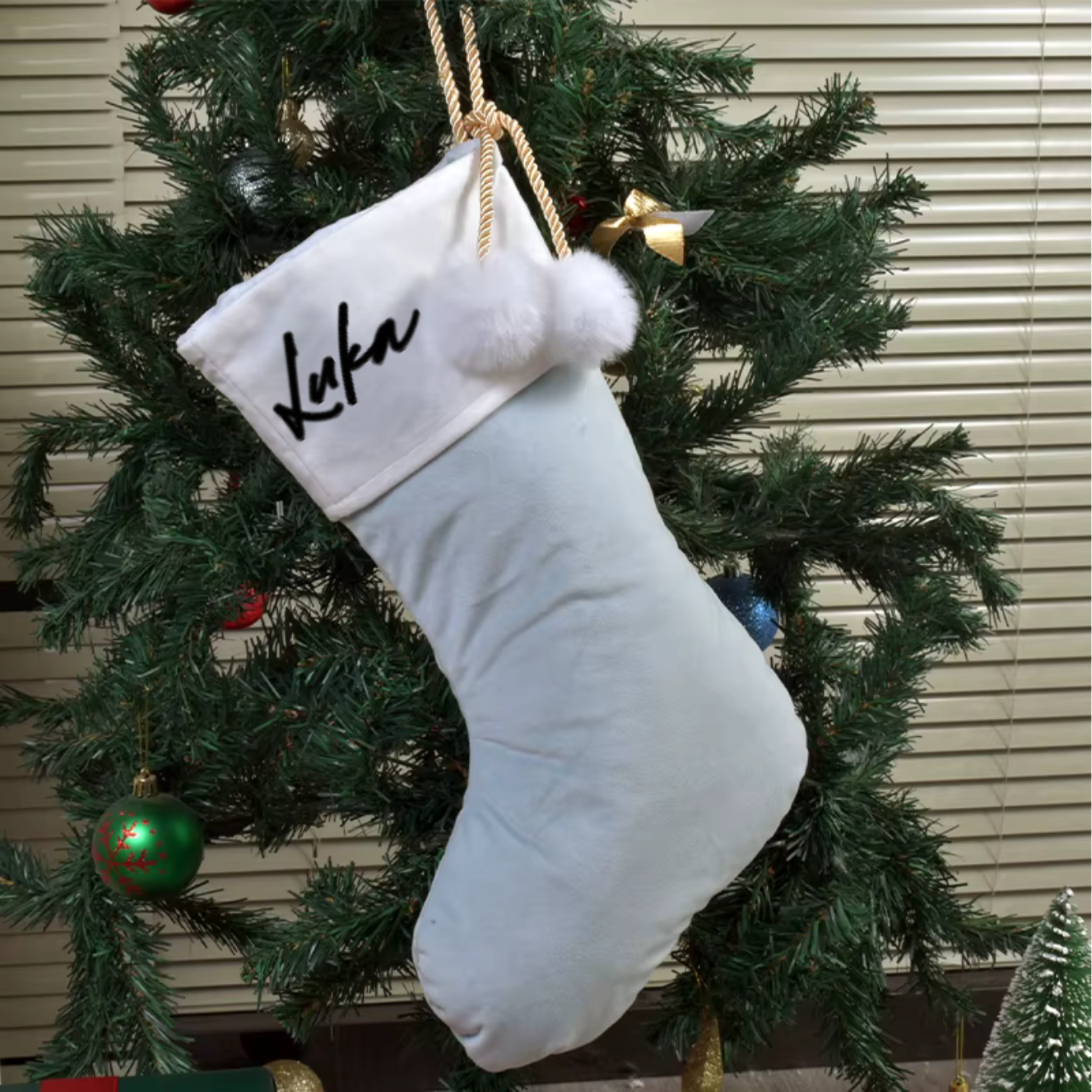 BLUE POM POM STOCKING  - TOP NAME