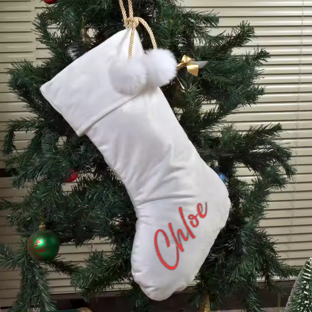 WHITE POM POM STOCKING  - LARGE NAME