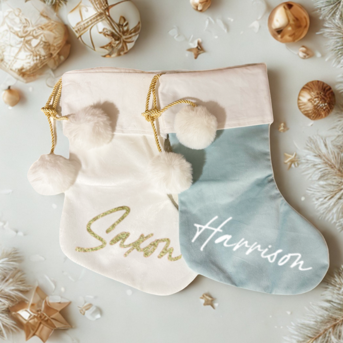 BLUE POM POM STOCKING  - LARGE NAME