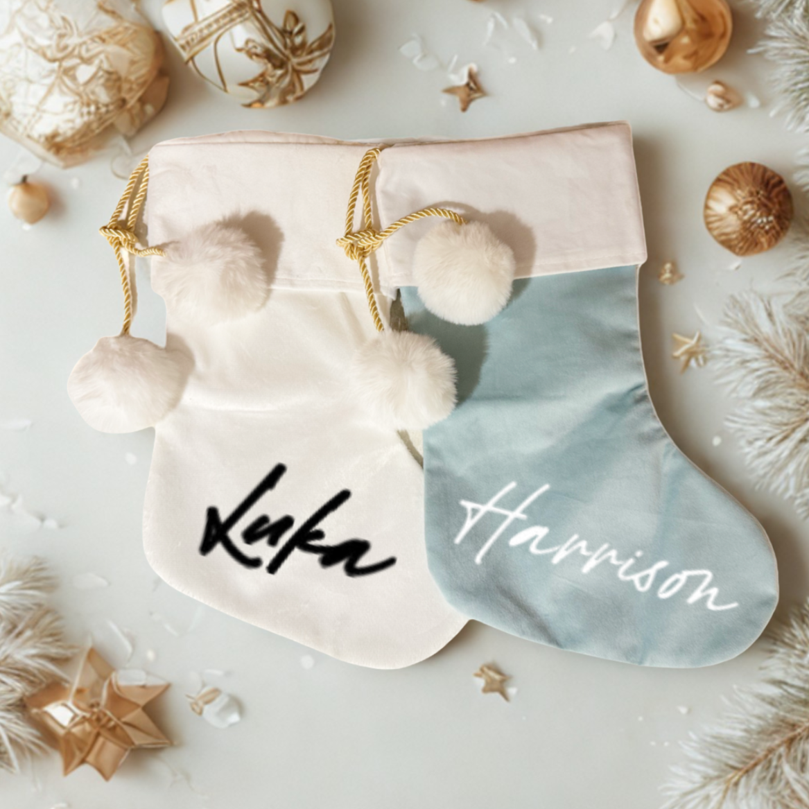 BLUE POM POM STOCKING  - LARGE NAME