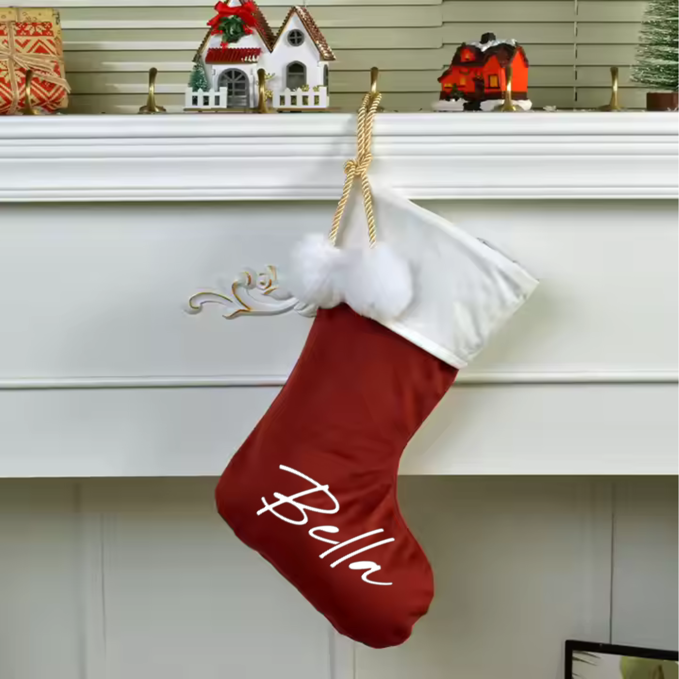 RED POM POM STOCKING  - LARGE NAME