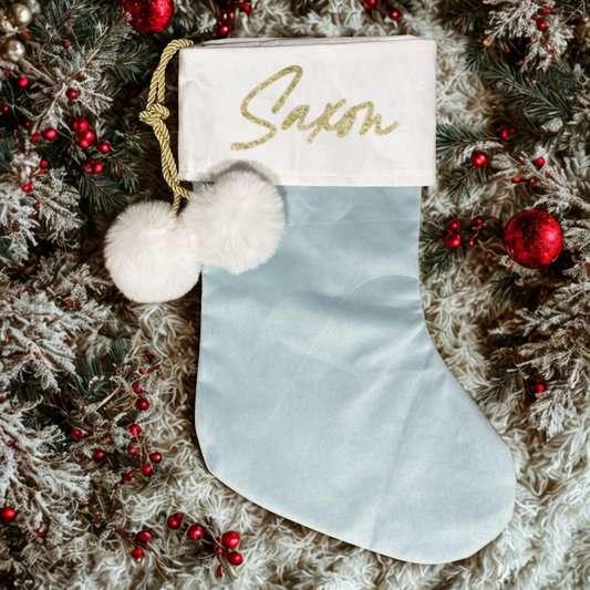 BLUE POM POM STOCKING  - TOP NAME