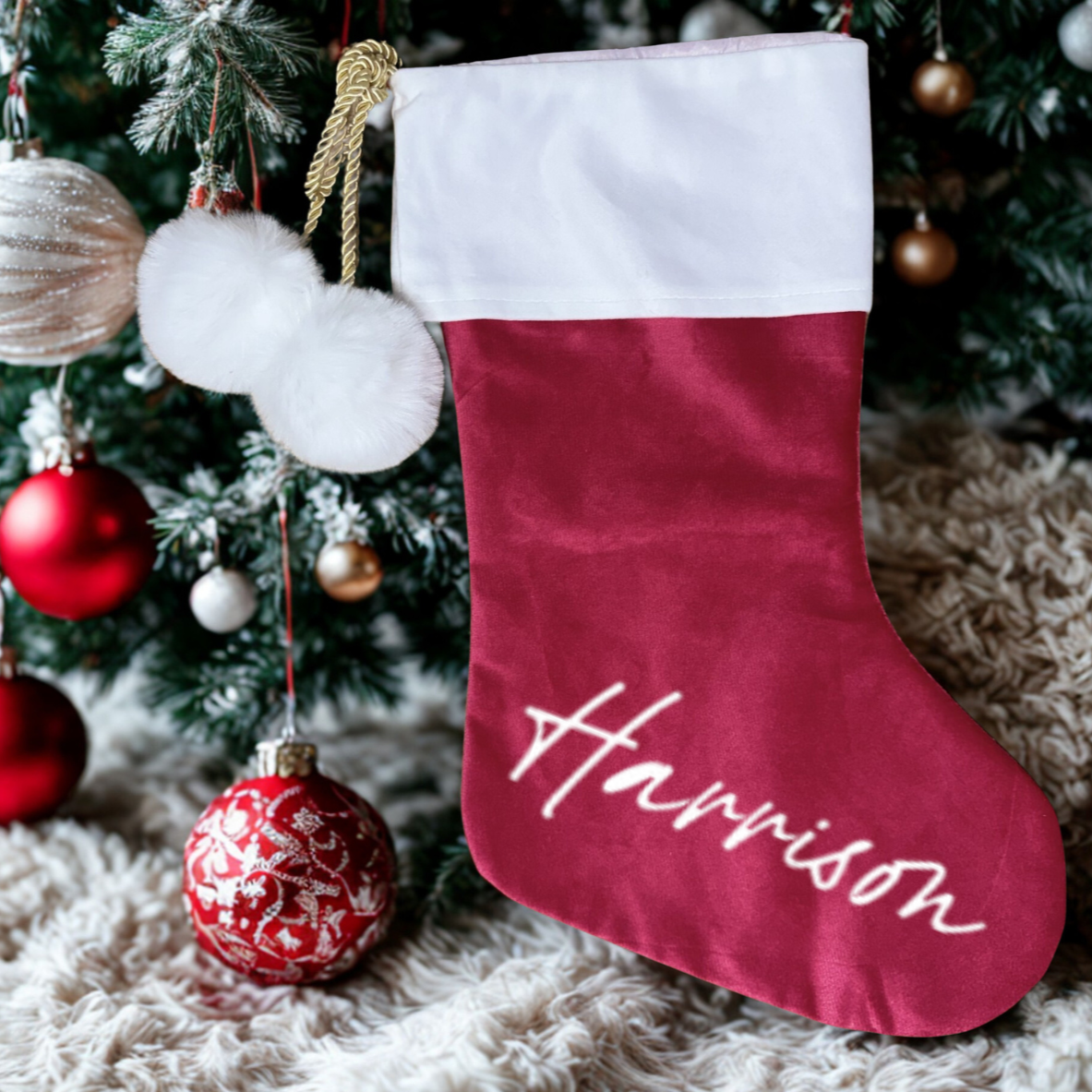 RED POM POM STOCKING  - LARGE NAME