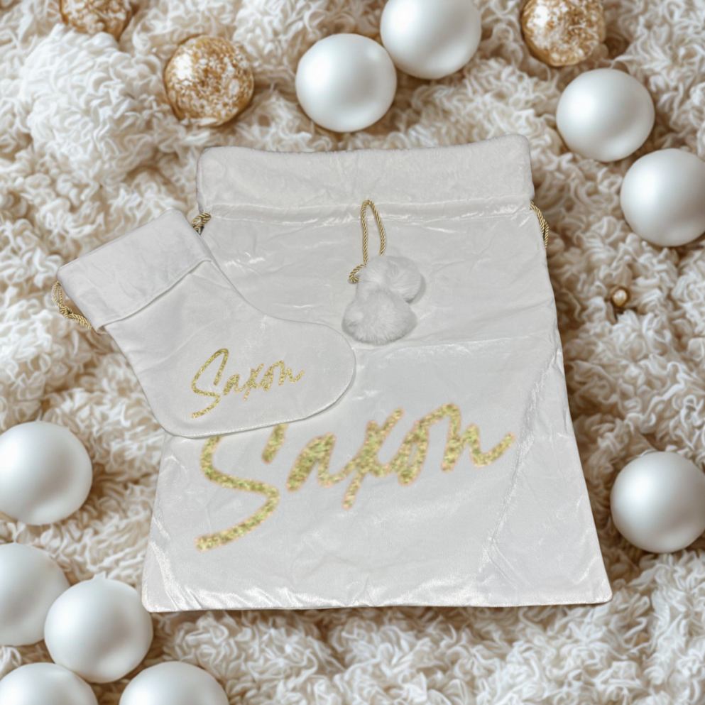 WHITE POM POM STOCKING  - LARGE NAME