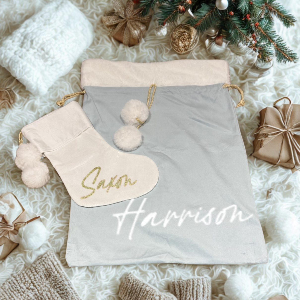 WHITE POM POM STOCKING  - LARGE NAME